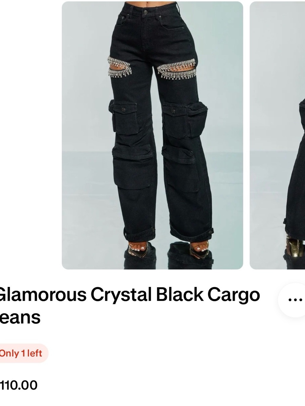 Glamorous Black Straight Cargo Jeans with Crystal Trim